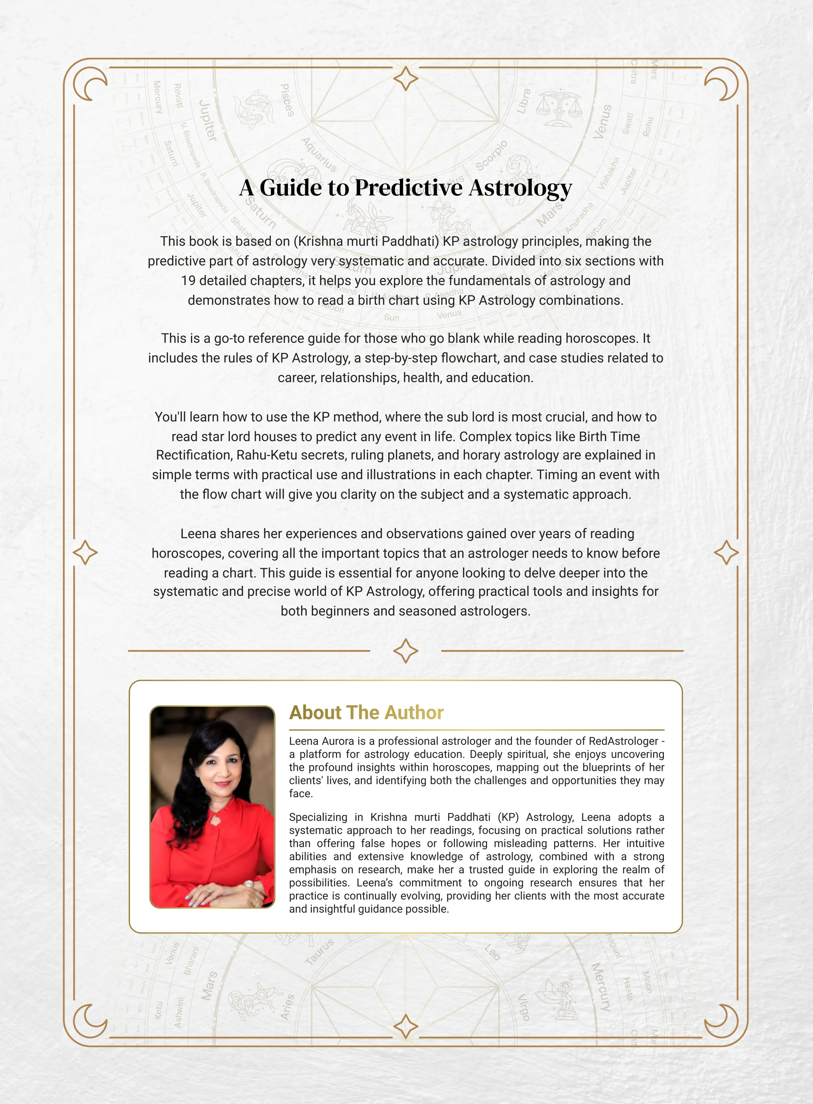 Back cover of The Ultimate Guide to KP Astrology Techniques showing author introduction and overview text