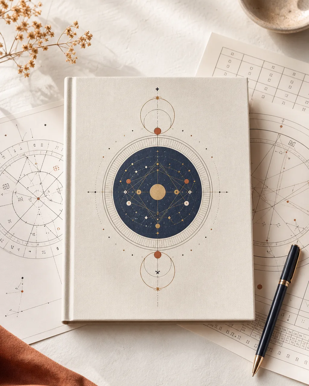 Illustrated astrology chart sheets with reference grids, pen, and drafting tool